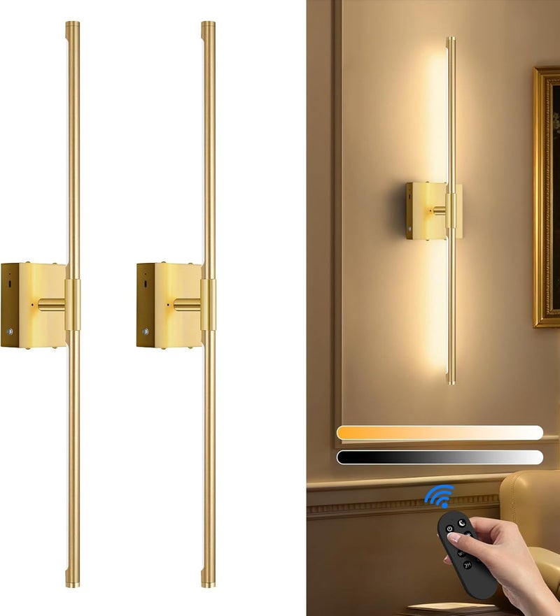 SAIMAND Wall Sconces Set of Two Battery Operated, Wireless USB Rechargeable Wall Lights with Remote, 8000mAh Dimmable LED 3 Color Dimmable Living Room for Bedroom,Hallway,Picture Lamp(30in Gold) - Image 1